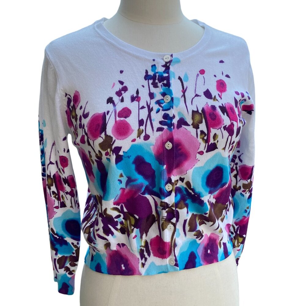 Ronni Nicole Watercolor Floral Cardigan Abstract Artsy Grandma Chic-12